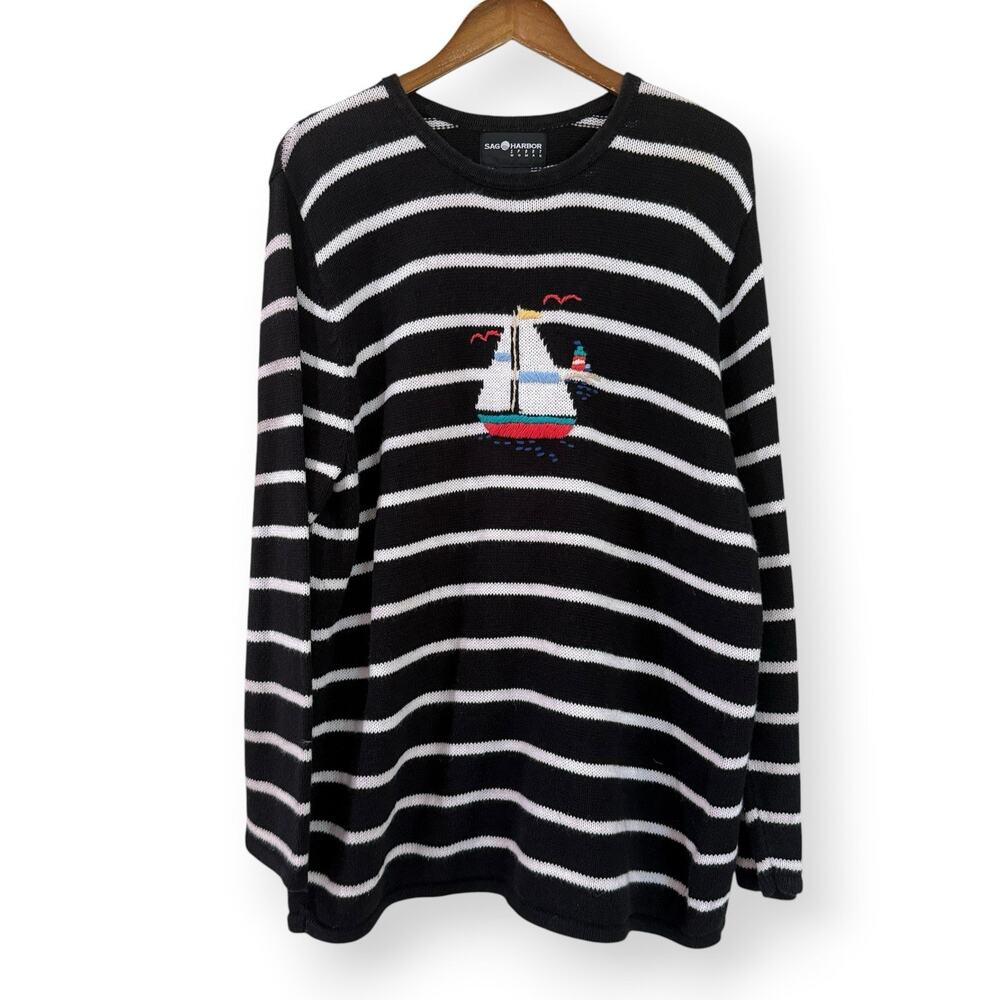 Vintage 90s Sag Harbor Sweater 1X Black Striped Sailboat Nautical Embroidered